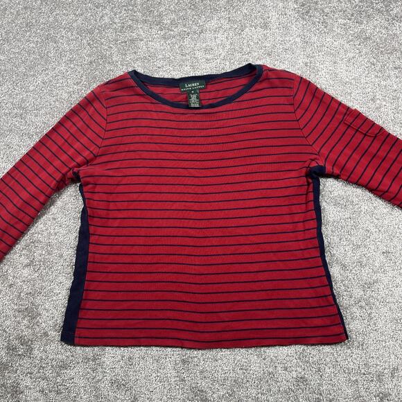 Lauren Ralph Lauren T Shirt Womens Medium Nautical Stripe Pocket Red Blouse - Picture 7 of 13